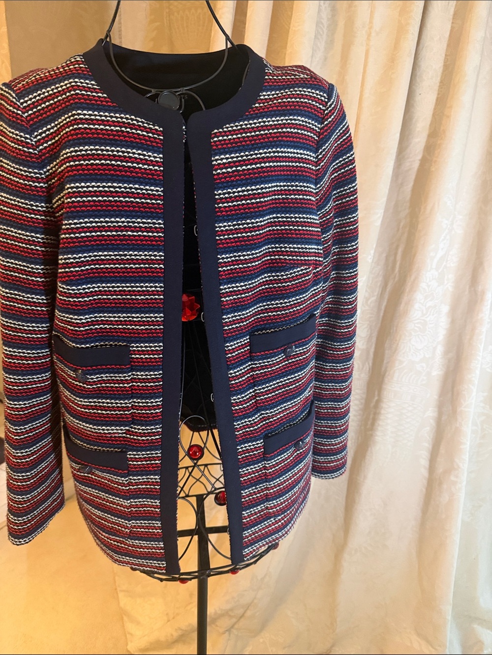 Talbots Women’s Striped Knit Collarless Jacket - Navy/Red/White
